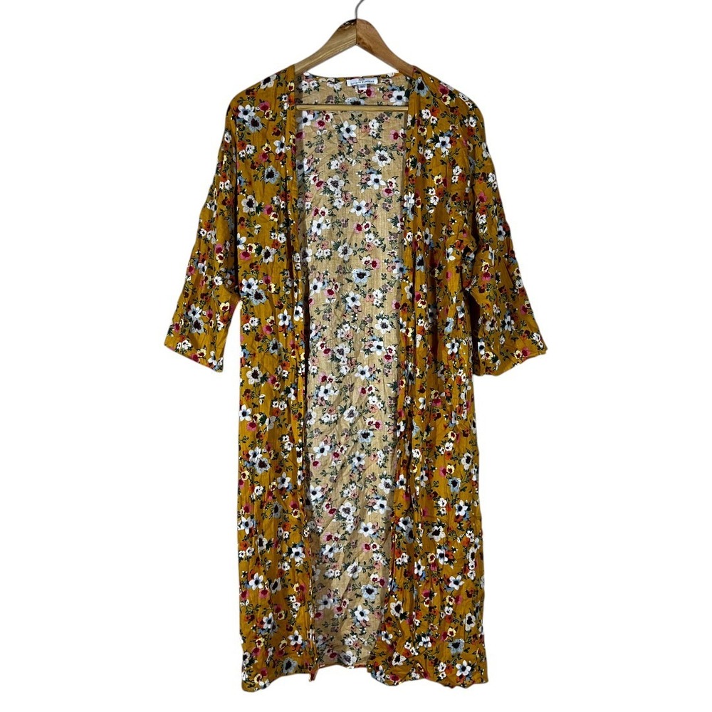 Bailey's Blossoms Floral Duster Cardigan Mustard Yellow Boho Layering Size XS/S